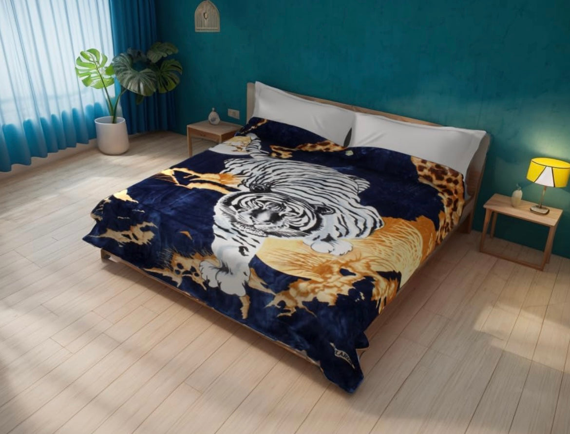 Blue white tiger heavy duty Mexican plush blanket