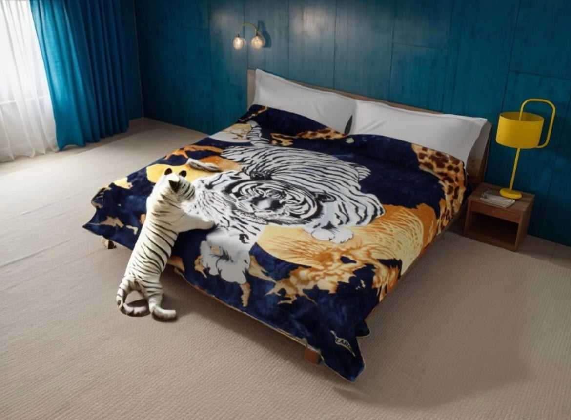 Blue white tiger heavy duty Mexican plush blanket