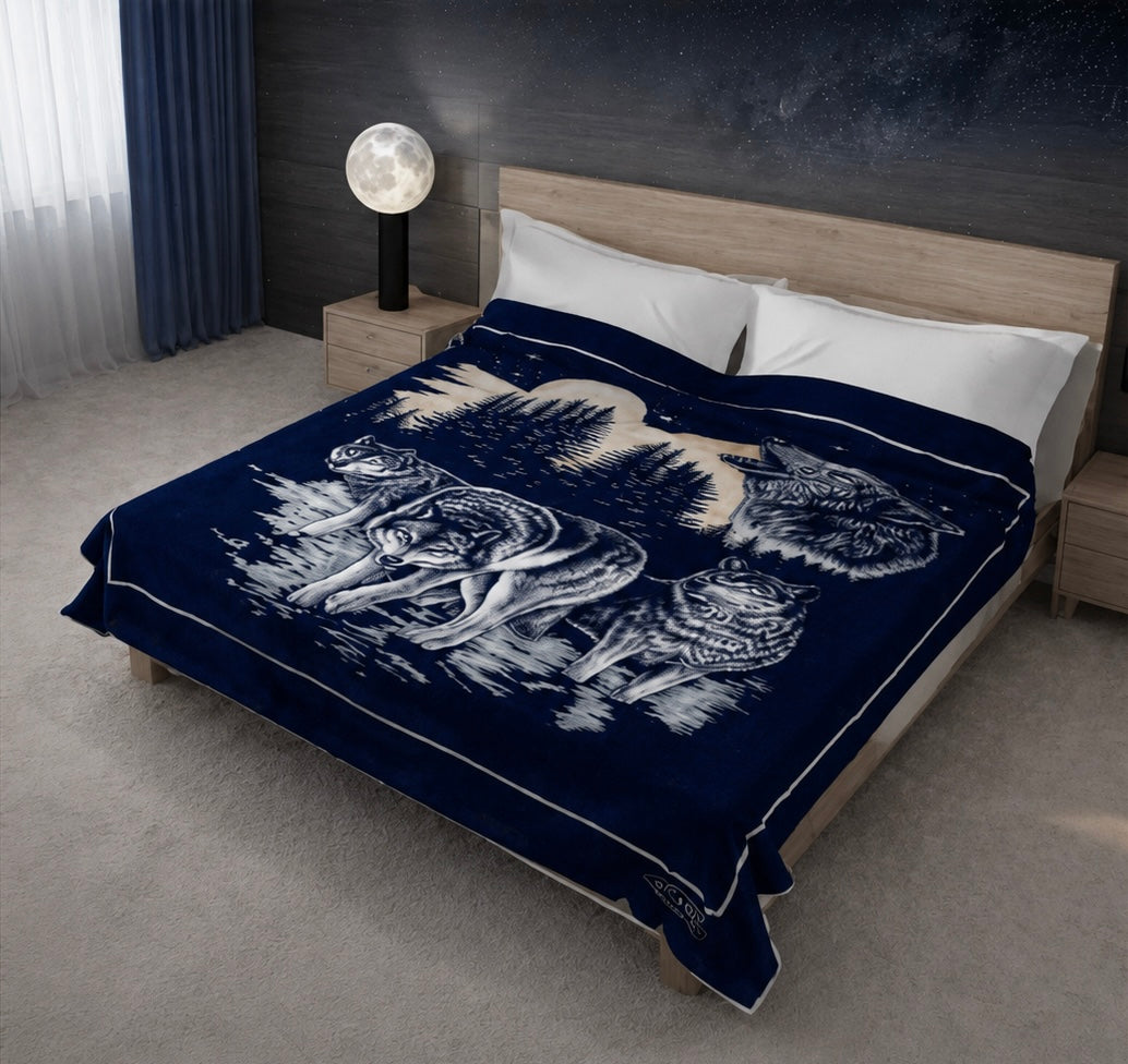 Navy wolf Korean faux mink plush blanket